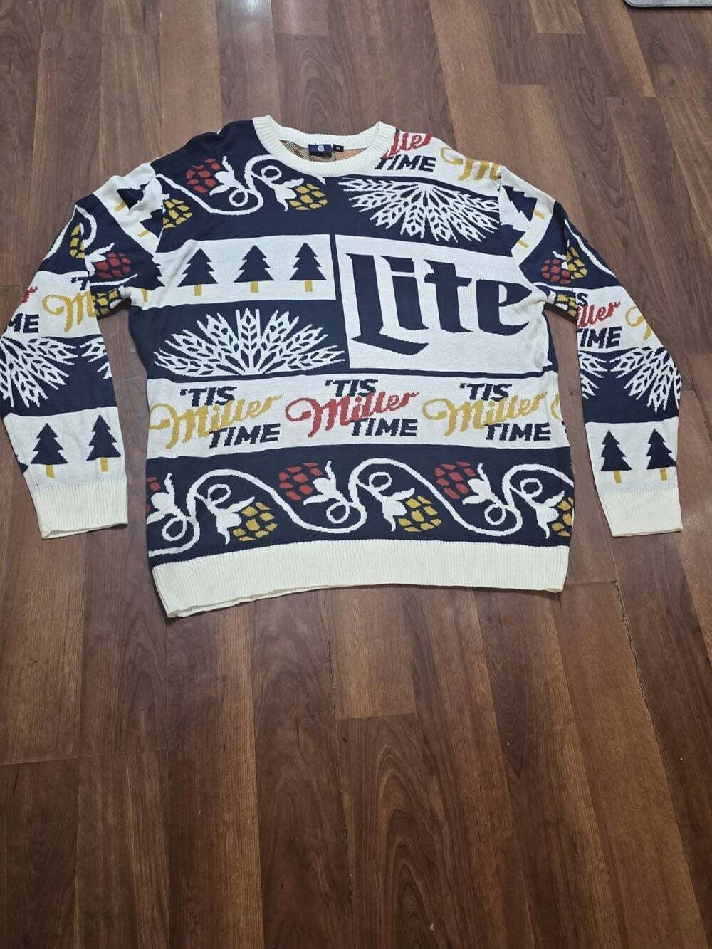 Miller Lite "Tis Miller Time" Ugly Christmas Holiday Knit Sweater snowflake Pine